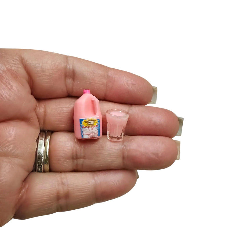 1:12 Scale Dollhouse Gallon of Strawberry Milk and Glass