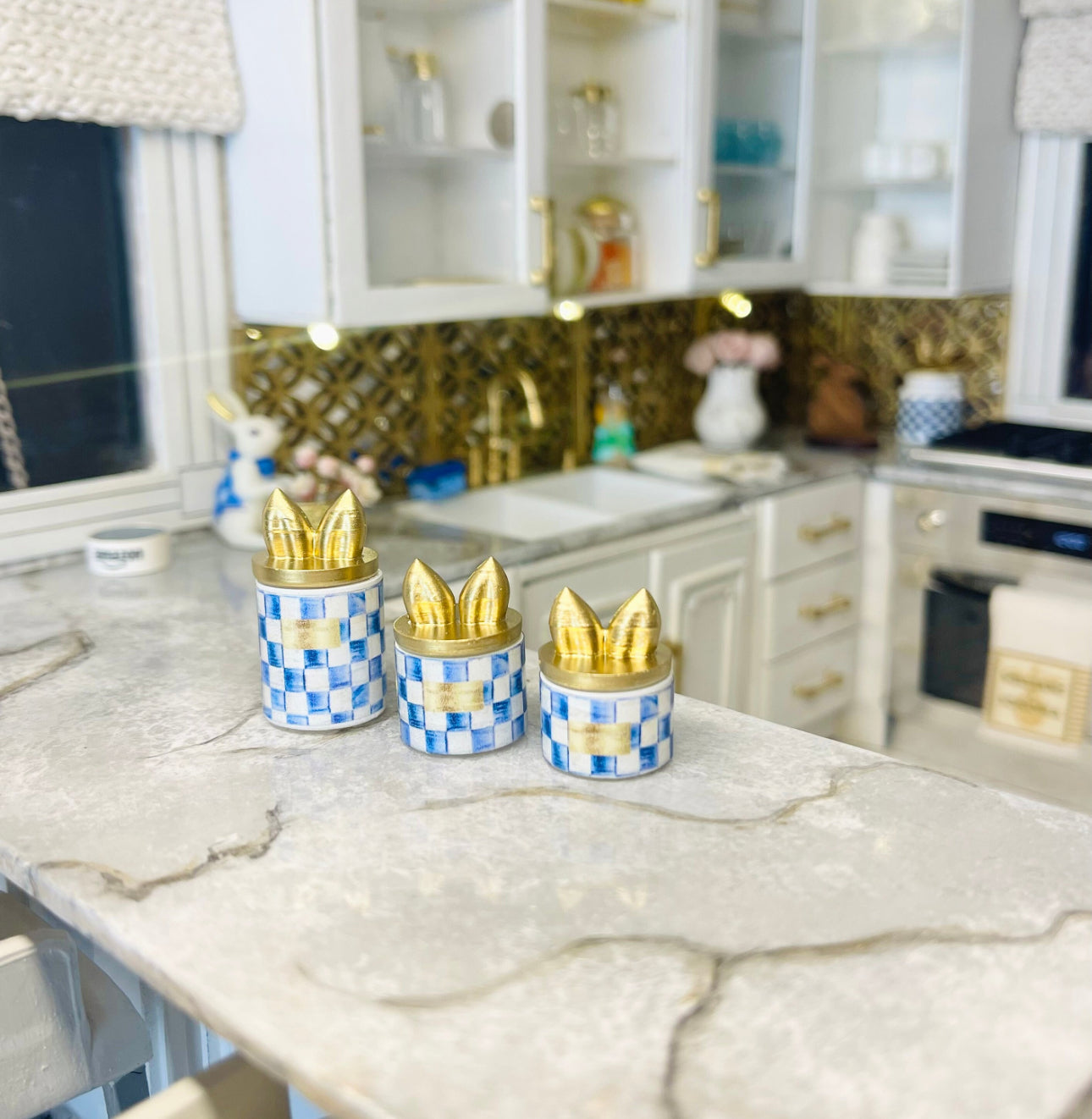 1:12 Scale Gold/Blue check print canister set for dollhouse image 1