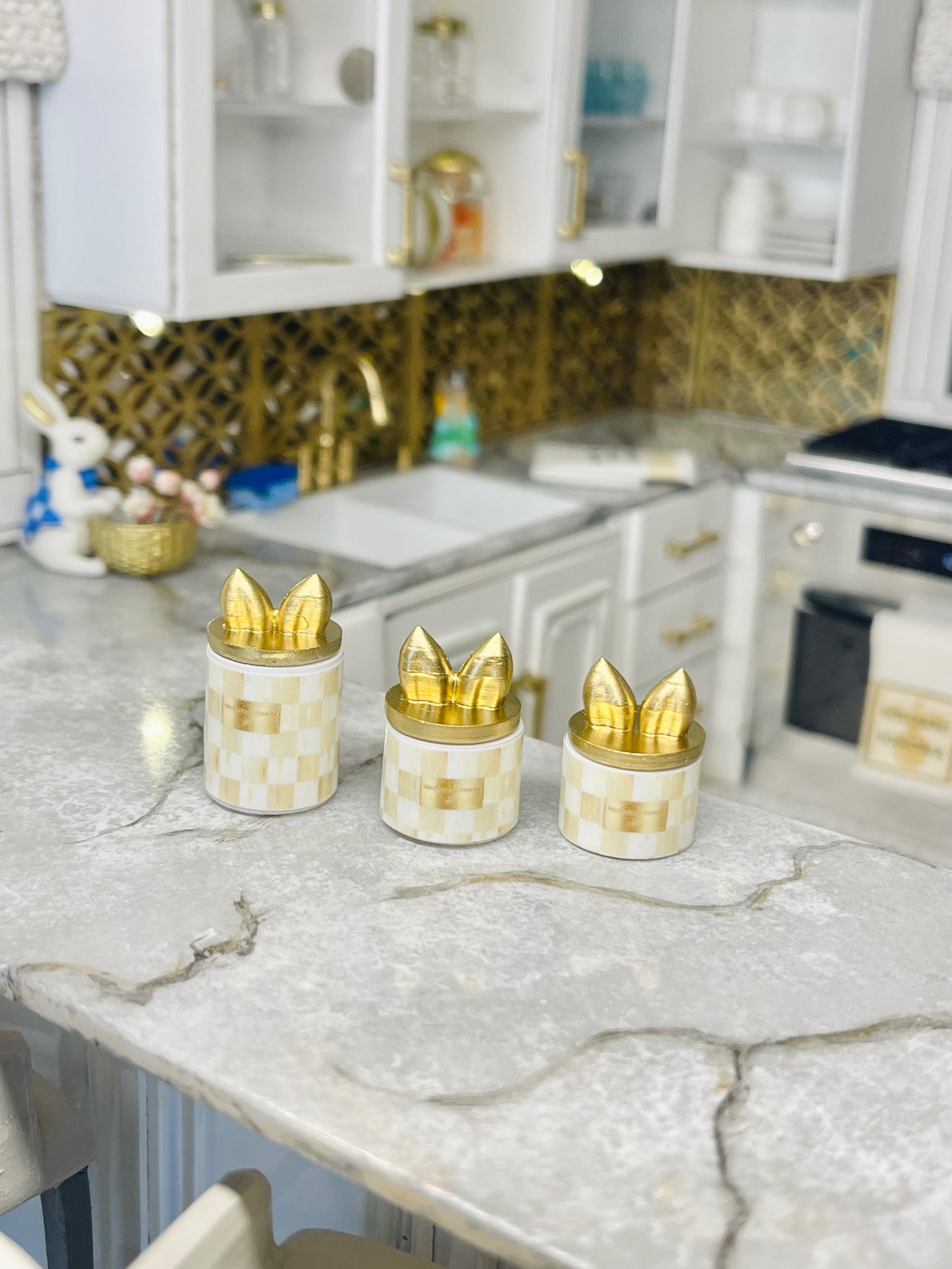1:12 Scale Miniatute Gold Check Bunny Ears canister set image 1