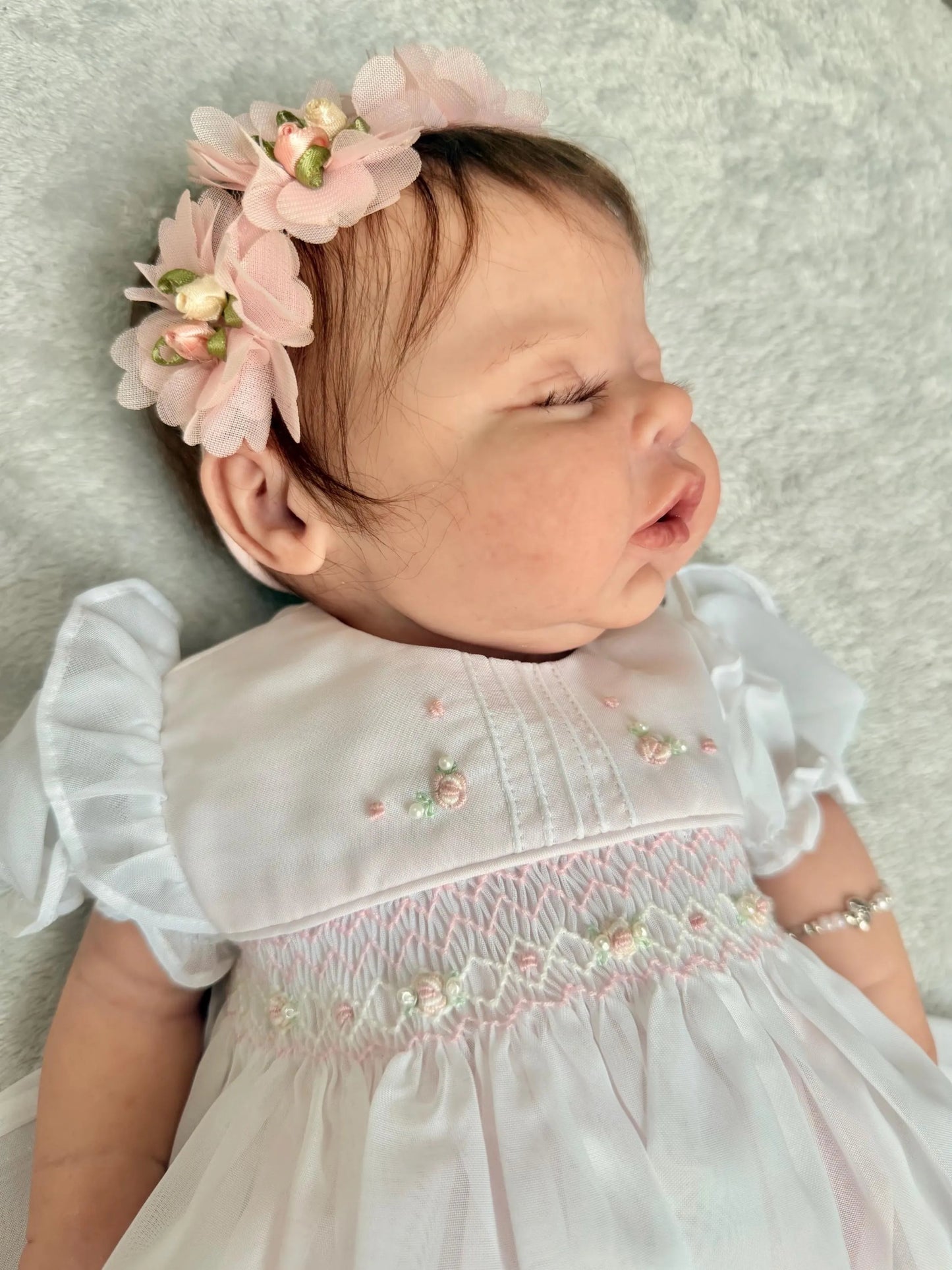 Size 00 up to 8 lbs. Blush Smocked Dress Headband Set