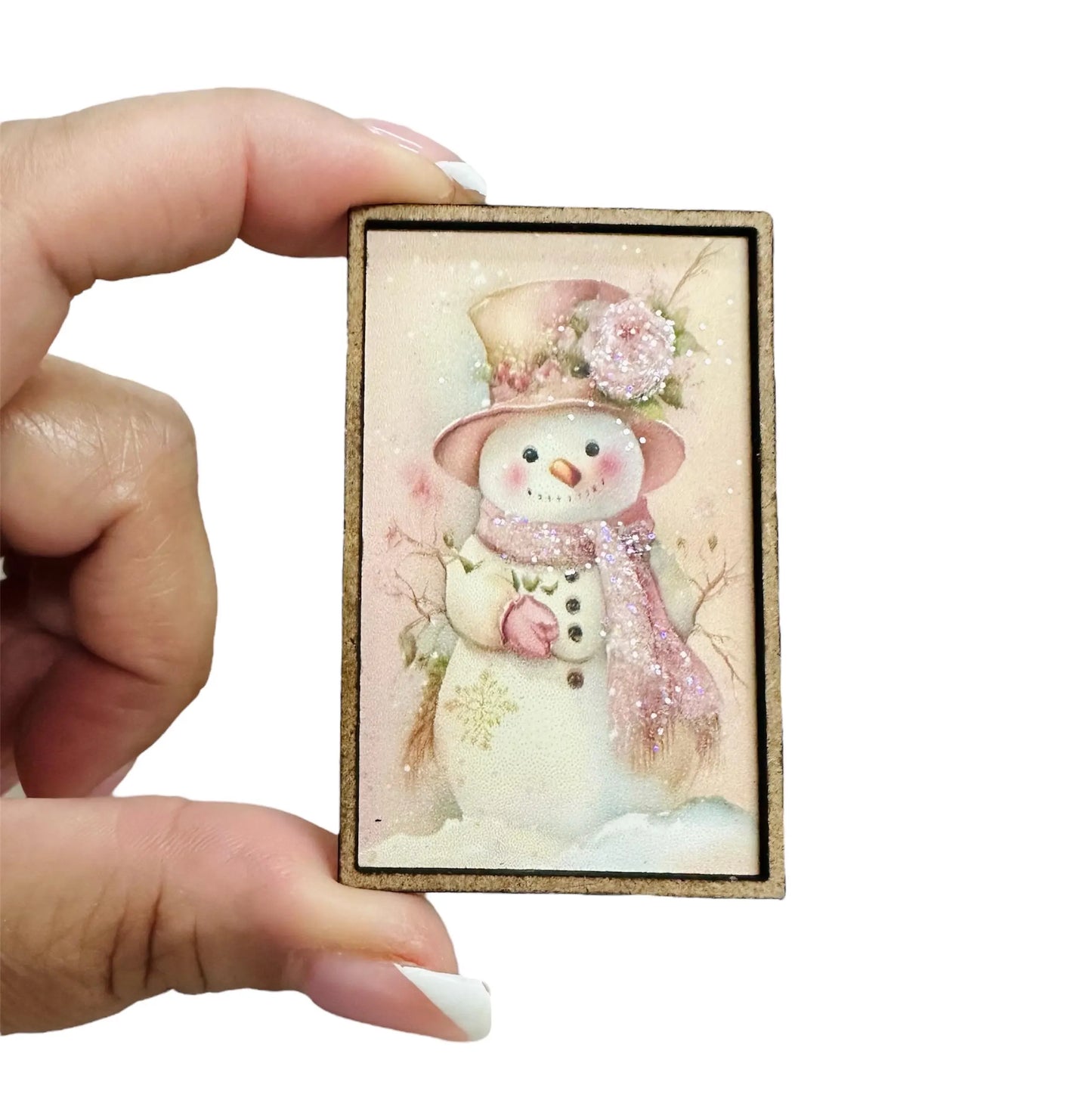 1:12 Scale Pink Snowman Framed Art for dollhouse décor
