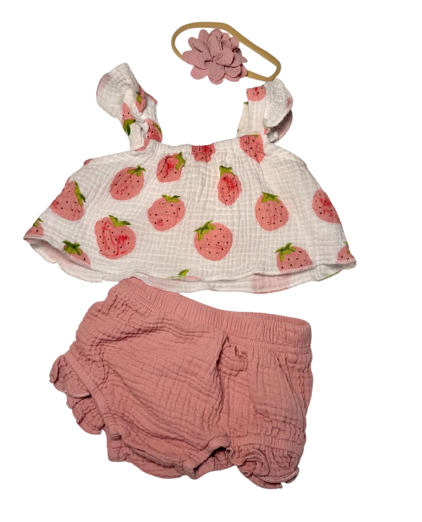 Berry Sweet Muslin 2-Piece Set + Headband Size 0-3 For Reborn Baby Girl Doll