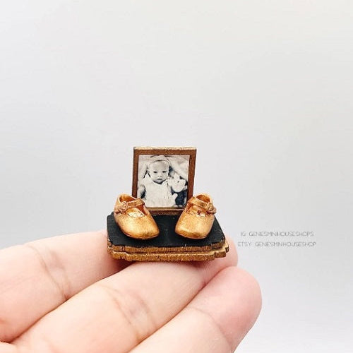 Baby Shoes Bronze keepsake with YOUR photo for dollhouse décor image 0