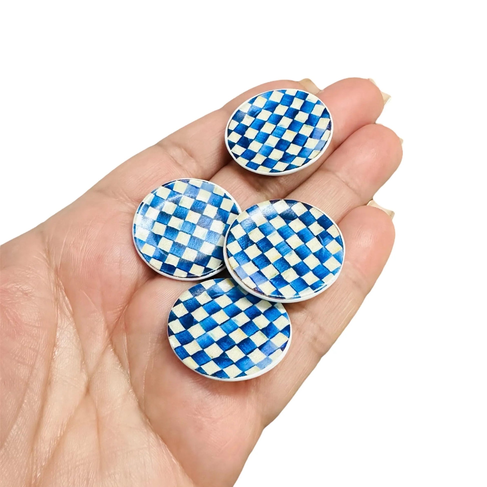 Blue and white checkered plates held in a hand against a white background