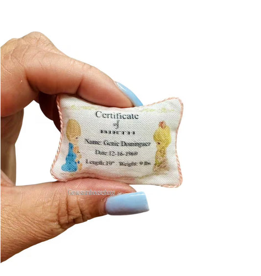 1:12 Scale Miniature Certificate of Birth Pillow