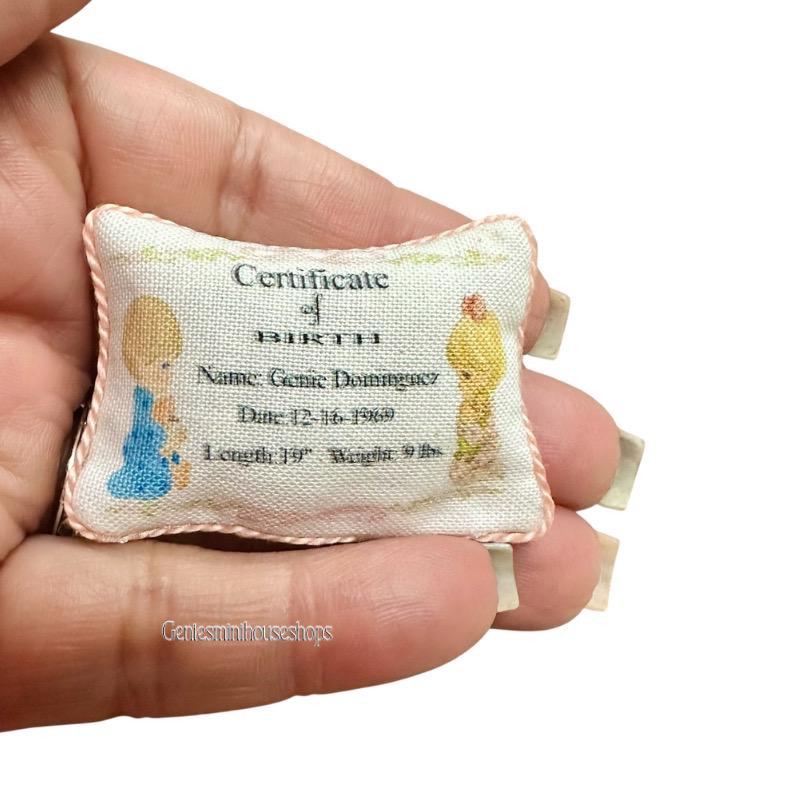 1:12 Scale Miniature Certificate of Birth Pillow