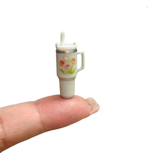1:12 Scale Miniature Grey Tulips Tumbler Thermos