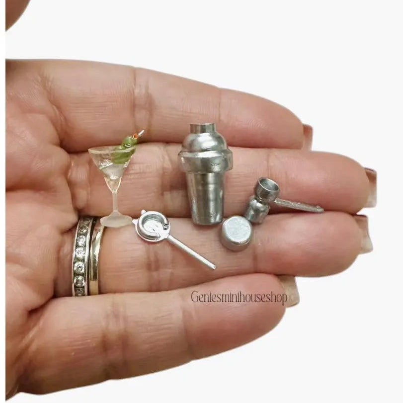 1:12 Scale Miniature Martini Shaker Set with Martini Glass
