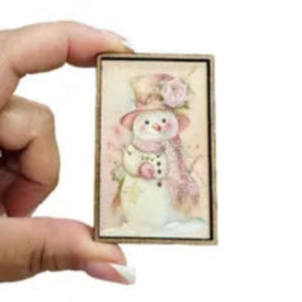 1:12 Scale Miniature Pink Snowman Framed Art