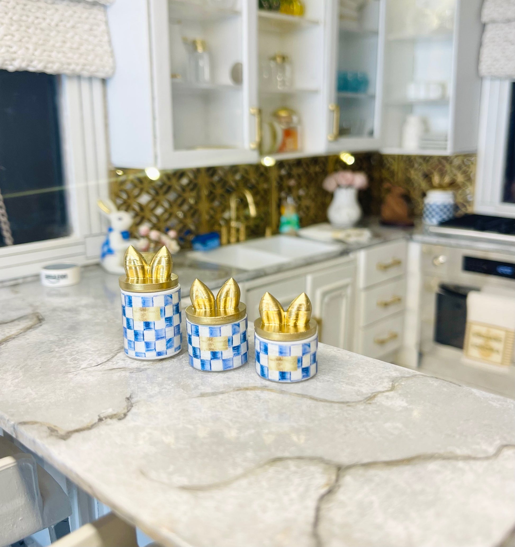 1:12 Scale Miniature Blue Check Bunny Ears canister set  image 1