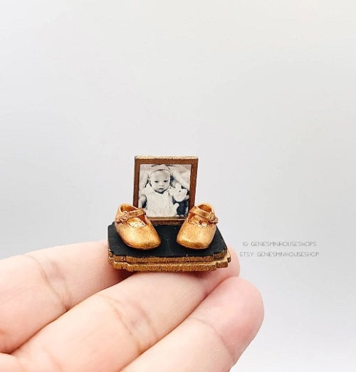 Baby Shoes Bronze keepsake with YOUR photo for dollhouse décor image 0