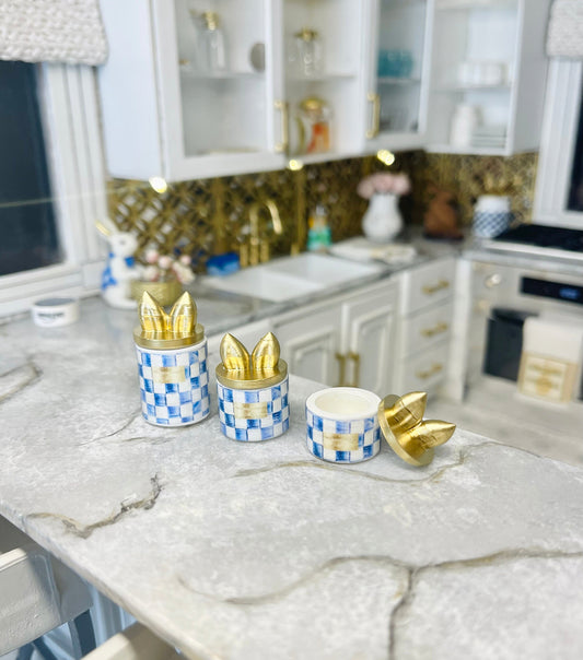 1:12 Scale Gold/Blue check print canister set for dollhouse  image 0