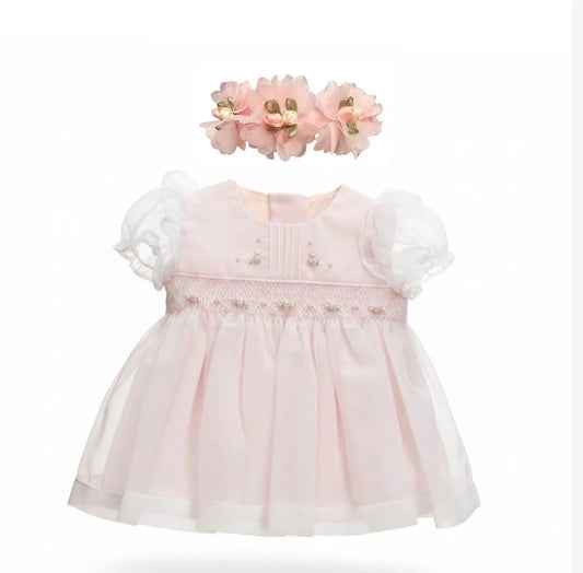 Size 00 up to 8 lbs.   Blush Smocked Dress Headband Set