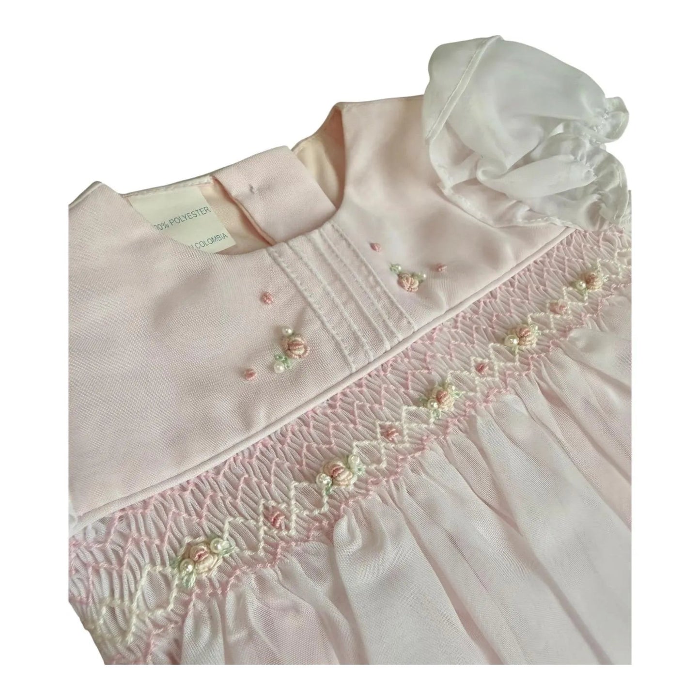 Size 00 up to 8 lbs.   Blush Smocked Dress Headband Set