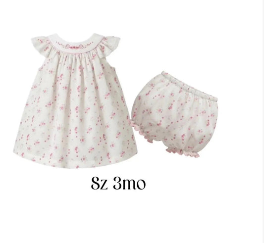 Size 3 mo.  Embroidered Floral Dress and Bloomers set