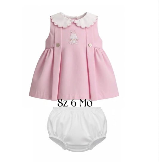 Size 6 mo. Embroidered bunny Soft Pink Pique  Dress & bloomer set