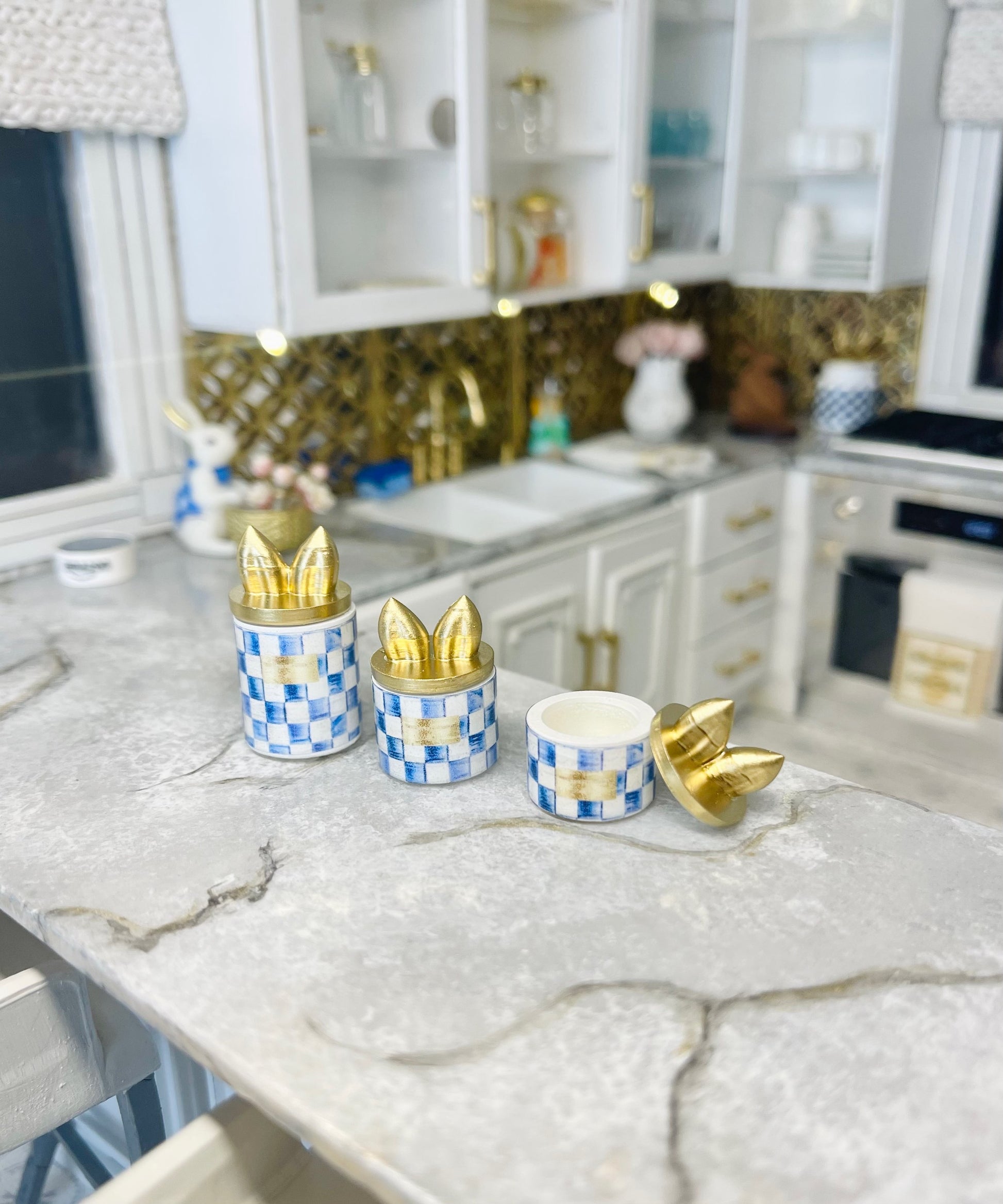 1:12 Scale Miniature Blue Check Bunny Ears canister set  image 0