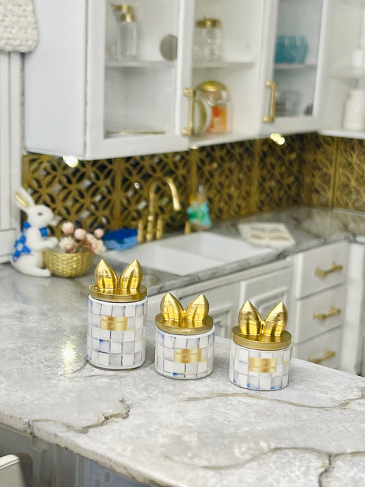 1:12 Scale Miniature Grey Check Bunny Ears canister set  image 0