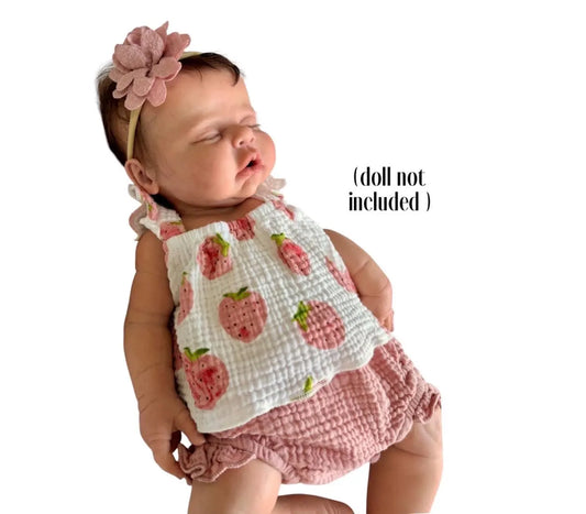 Berry Sweet Muslin 2-Piece Set + Headband Size 0-3 For Reborn Baby Girl Doll